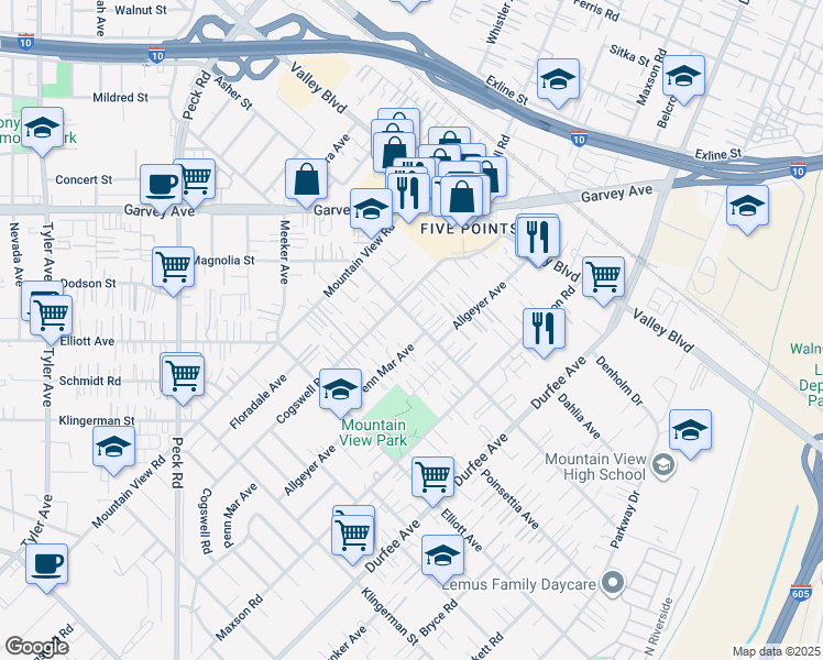 map of restaurants, bars, coffee shops, grocery stores, and more near 12030 1/2 Magnolia Street in El Monte