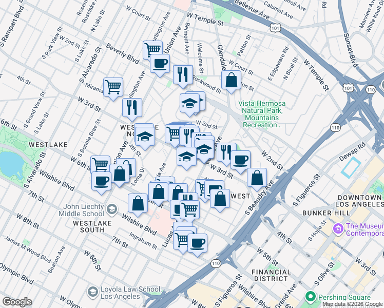 map of restaurants, bars, coffee shops, grocery stores, and more near 1441 West 3rd Street in Los Angeles
