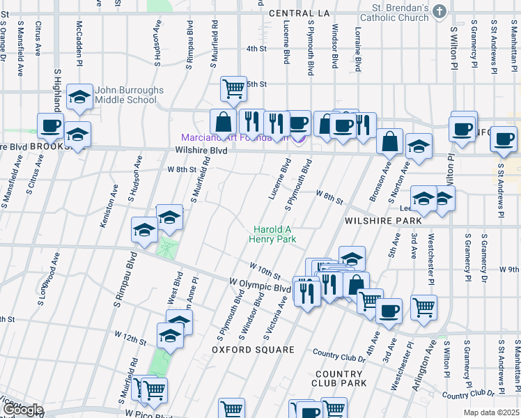 map of restaurants, bars, coffee shops, grocery stores, and more near 853 South Lucerne Boulevard in Los Angeles
