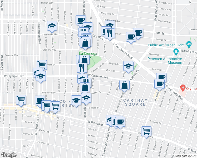 map of restaurants, bars, coffee shops, grocery stores, and more near 1009 South Orlando Avenue in Los Angeles