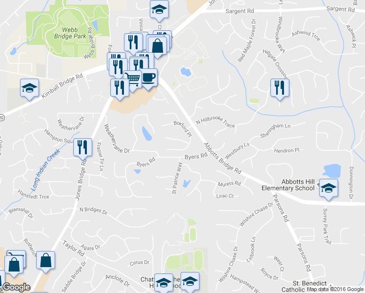 map of restaurants, bars, coffee shops, grocery stores, and more near 11420 Boxford Place in Alpharetta