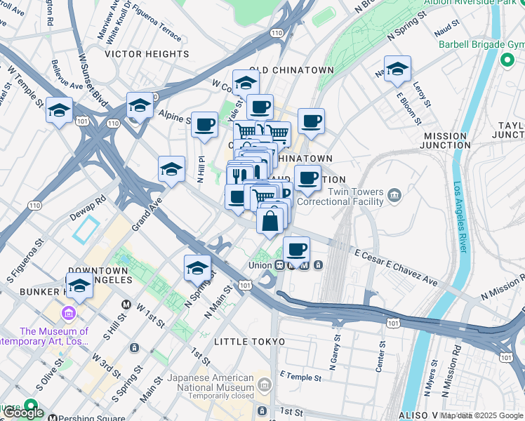 map of restaurants, bars, coffee shops, grocery stores, and more near 649 North Spring Street in Los Angeles
