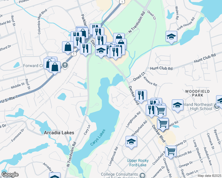 map of restaurants, bars, coffee shops, grocery stores, and more near 7021 Cleaton Drive in Columbia