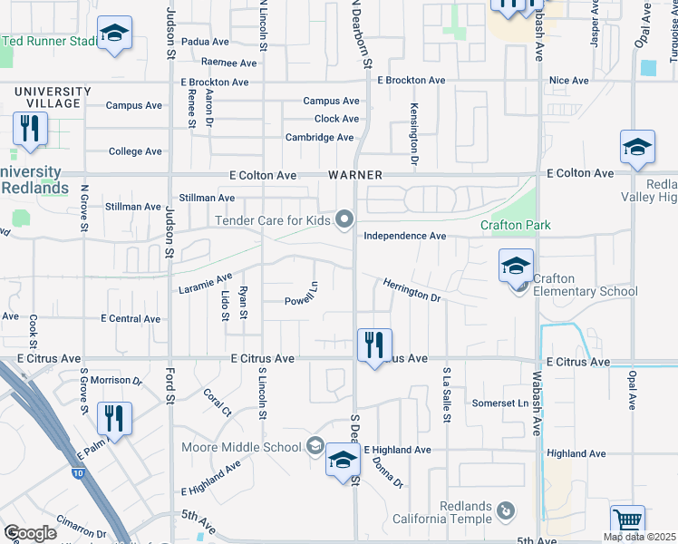 map of restaurants, bars, coffee shops, grocery stores, and more near 340 Mitchell Way in Redlands