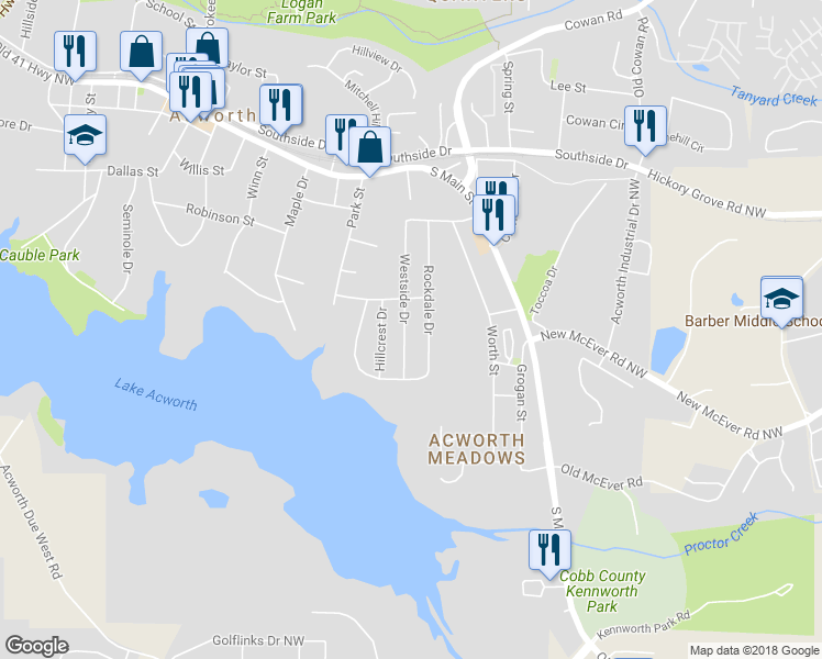 map of restaurants, bars, coffee shops, grocery stores, and more near 4286 Westside Drive in Acworth