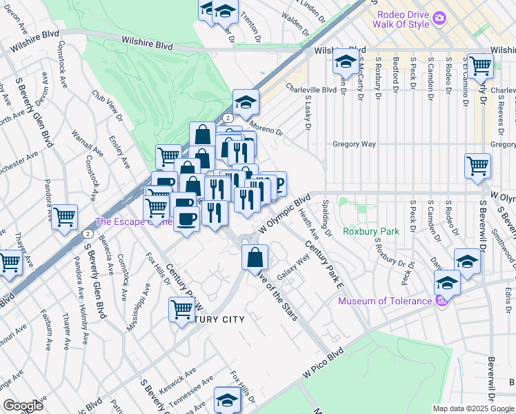 map of restaurants, bars, coffee shops, grocery stores, and more near 2049 Century Park East in Los Angeles