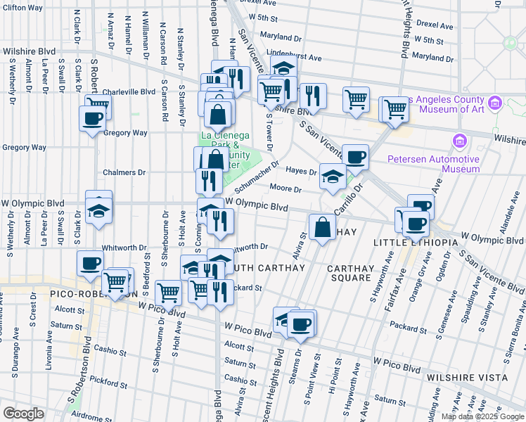 map of restaurants, bars, coffee shops, grocery stores, and more near 6542 West Olympic Boulevard in Los Angeles