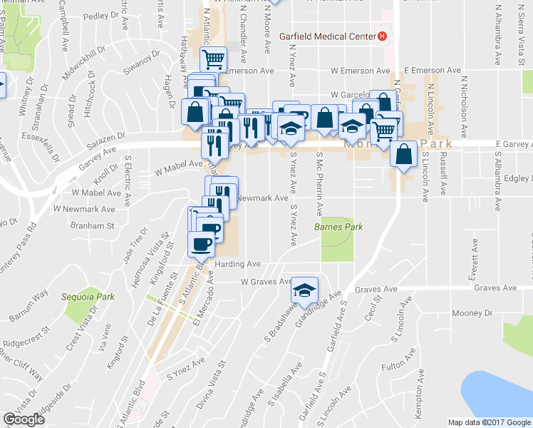 map of restaurants, bars, coffee shops, grocery stores, and more near 321 South Moore Avenue in Monterey Park