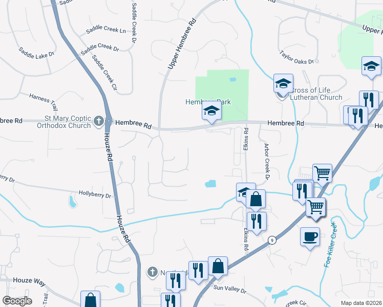 map of restaurants, bars, coffee shops, grocery stores, and more near 535 Hembree Grove Overlook in Roswell