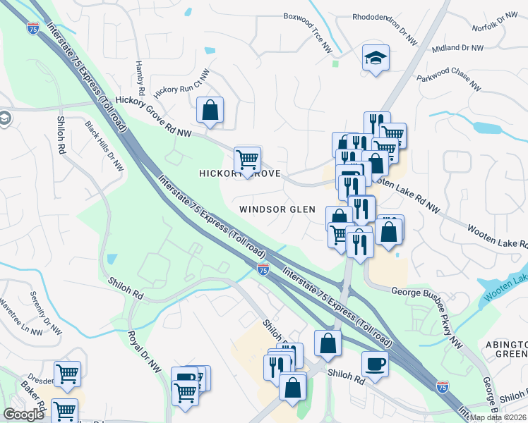 map of restaurants, bars, coffee shops, grocery stores, and more near 1609 Hathaway Place Northwest in Kennesaw