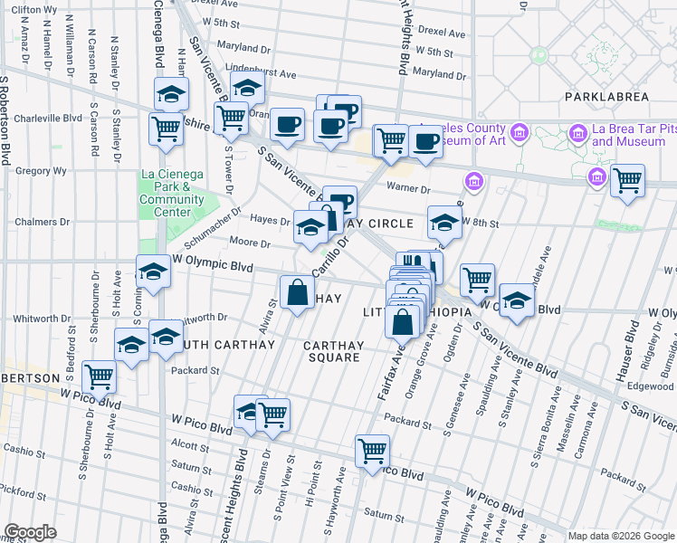 map of restaurants, bars, coffee shops, grocery stores, and more near 994 Stearns Drive in Los Angeles