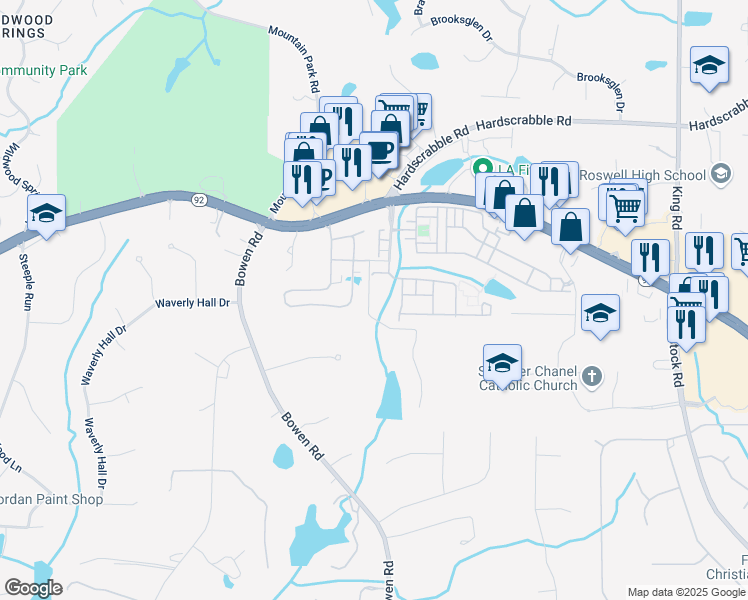 map of restaurants, bars, coffee shops, grocery stores, and more near 4901 Village Green Drive in Roswell