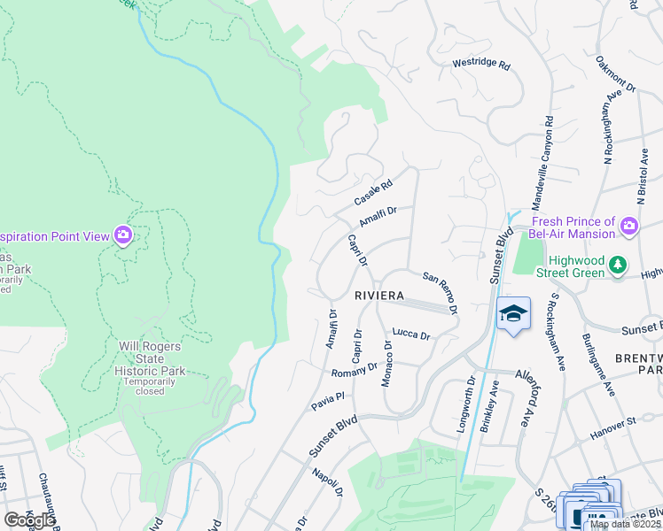 map of restaurants, bars, coffee shops, grocery stores, and more near 1550 Amalfi Drive in Los Angeles