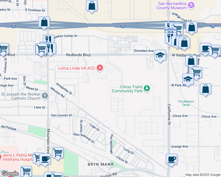 map of restaurants, bars, coffee shops, grocery stores, and more near 26001 Redlands Boulevard in Redlands