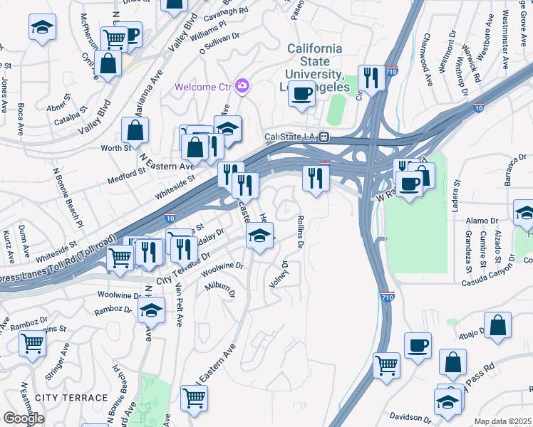 map of restaurants, bars, coffee shops, grocery stores, and more near 1558 Helen Drive in Los Angeles