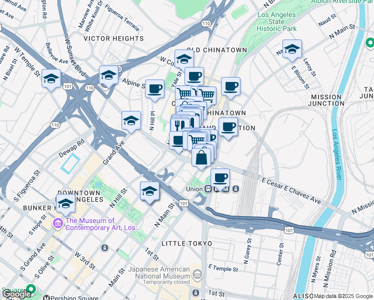 map of restaurants, bars, coffee shops, grocery stores, and more near 649 North Spring Street in Los Angeles