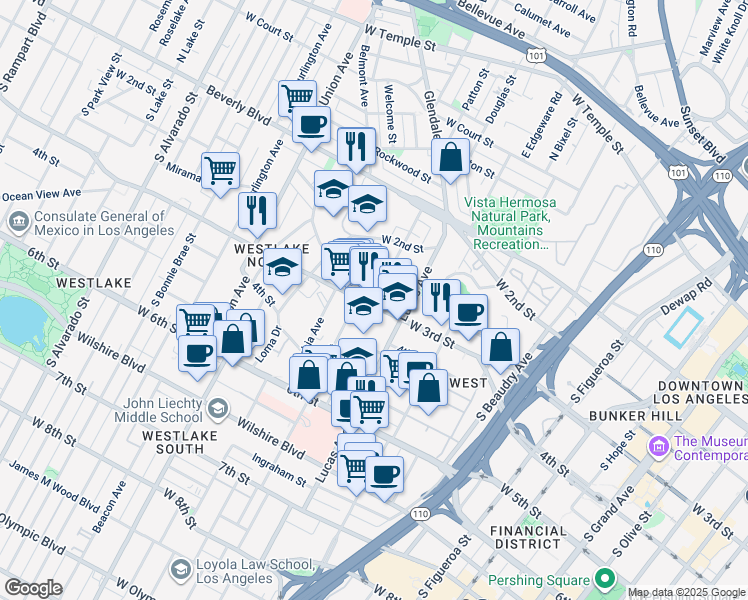 map of restaurants, bars, coffee shops, grocery stores, and more near 1445 West 3rd Street in Los Angeles