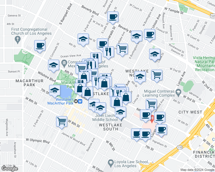 map of restaurants, bars, coffee shops, grocery stores, and more near 512 South Bonnie Brae Street in Los Angeles