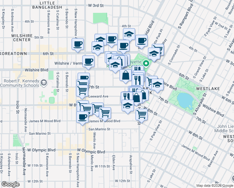 map of restaurants, bars, coffee shops, grocery stores, and more near 2911 Leeward Avenue in Los Angeles