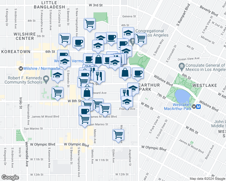 map of restaurants, bars, coffee shops, grocery stores, and more near 2959 Leeward Avenue in Los Angeles