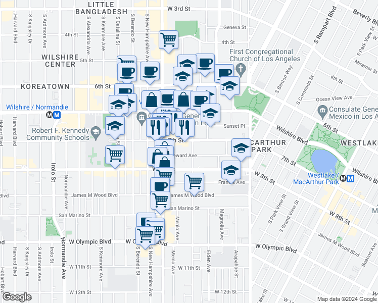 map of restaurants, bars, coffee shops, grocery stores, and more near 3029 Leeward Avenue in Los Angeles