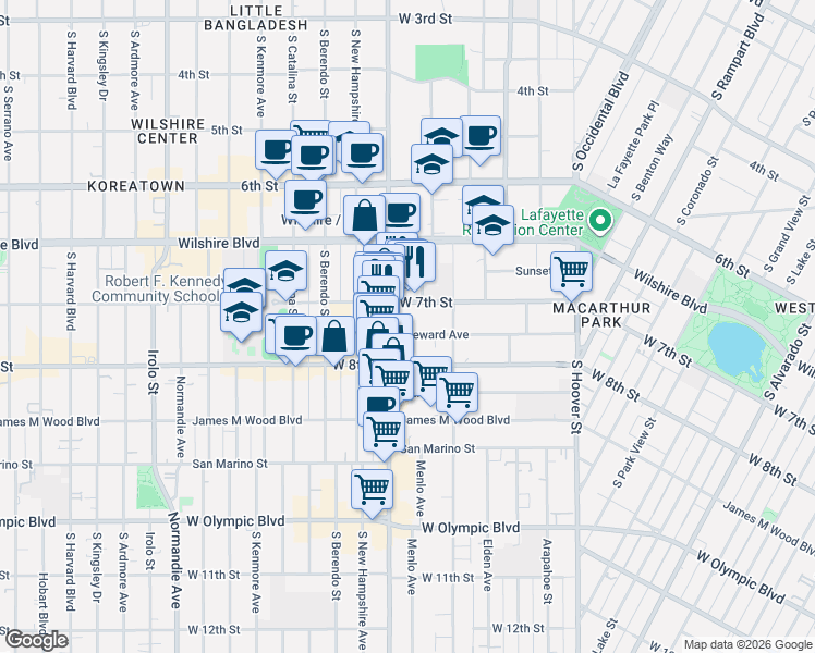 map of restaurants, bars, coffee shops, grocery stores, and more near 730S Vermont Avenue in Los Angeles