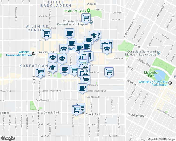 map of restaurants, bars, coffee shops, grocery stores, and more near 730S Vermont Avenue in Los Angeles