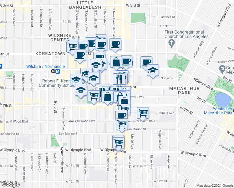map of restaurants, bars, coffee shops, grocery stores, and more near 725 South New Hampshire Avenue in Los Angeles