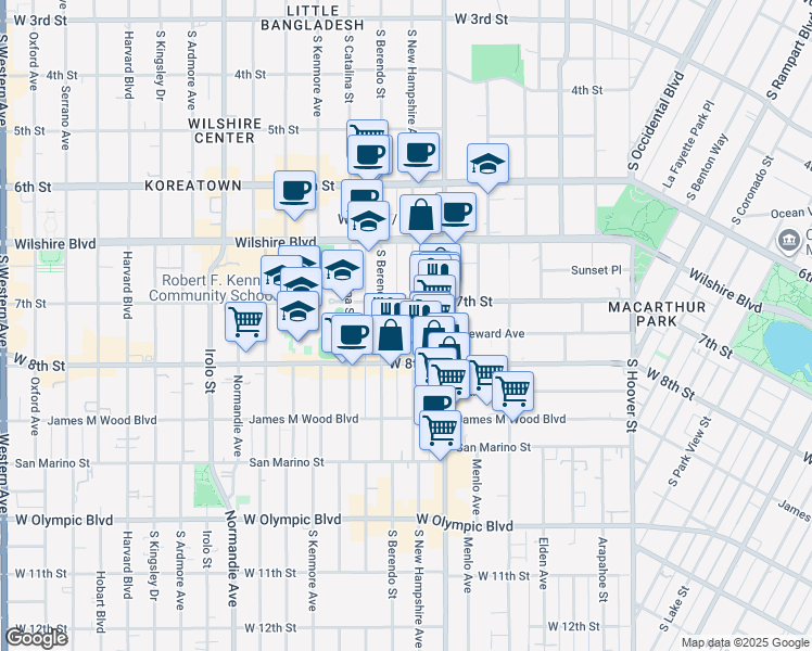 map of restaurants, bars, coffee shops, grocery stores, and more near 725 South New Hampshire Avenue in Los Angeles