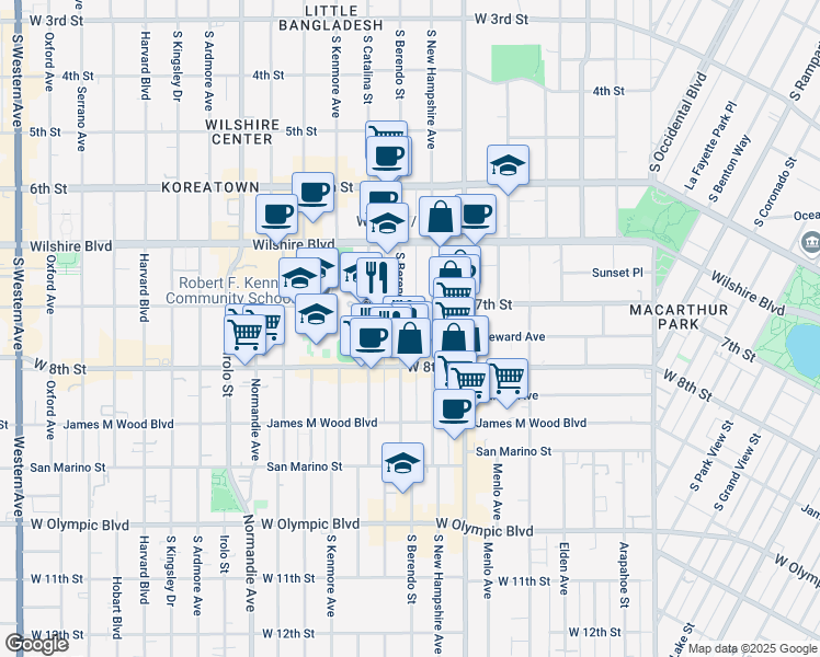 map of restaurants, bars, coffee shops, grocery stores, and more near 725 South Berendo Street in Los Angeles