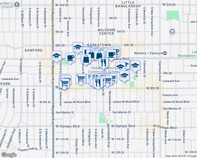 map of restaurants, bars, coffee shops, grocery stores, and more near 729 South Ardmore Avenue in Los Angeles