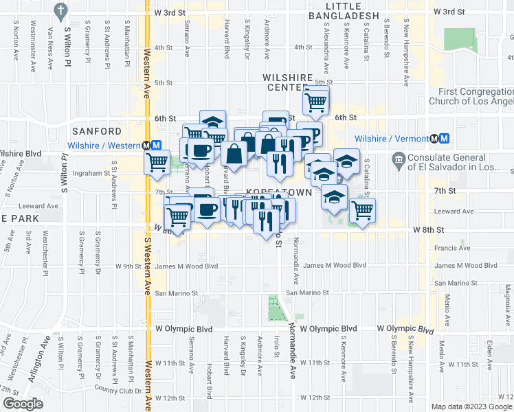 map of restaurants, bars, coffee shops, grocery stores, and more near 729 South Ardmore Avenue in Los Angeles
