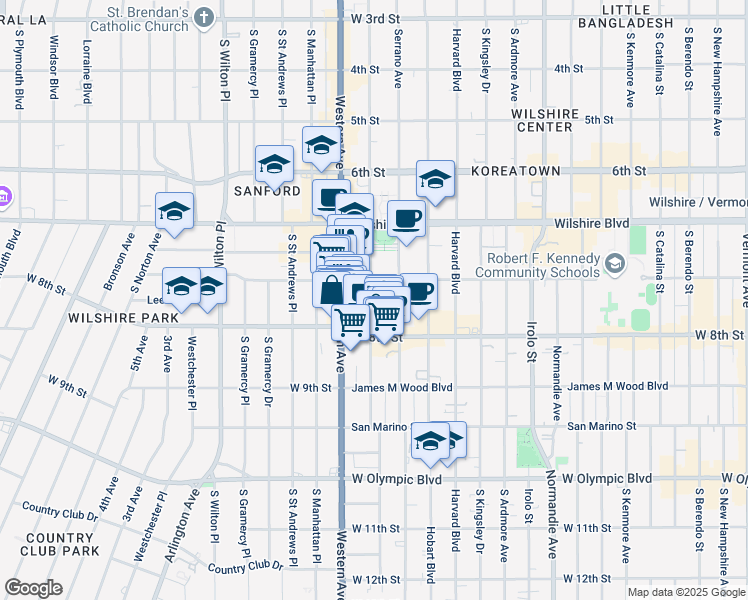 map of restaurants, bars, coffee shops, grocery stores, and more near 723 South Oxford Avenue in Los Angeles