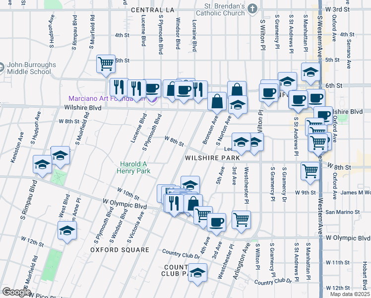 map of restaurants, bars, coffee shops, grocery stores, and more near 814 Lorraine Boulevard in Los Angeles