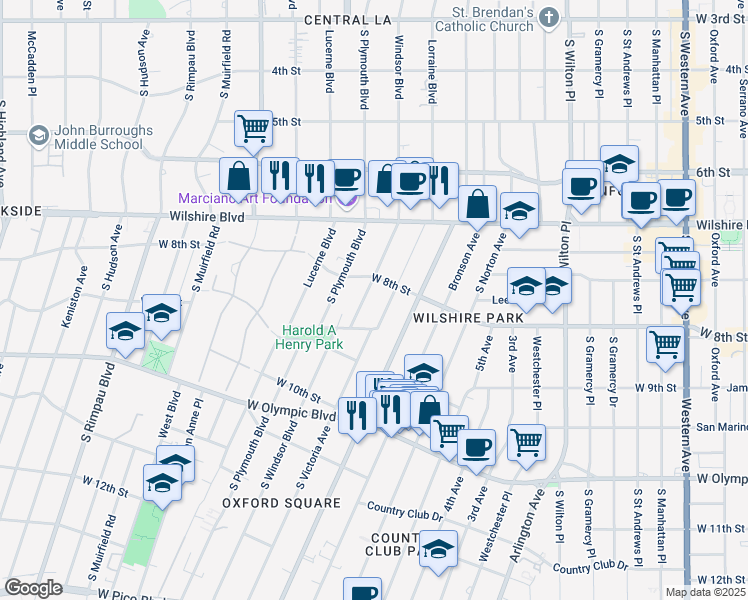 map of restaurants, bars, coffee shops, grocery stores, and more near 837 South Windsor Boulevard in Los Angeles