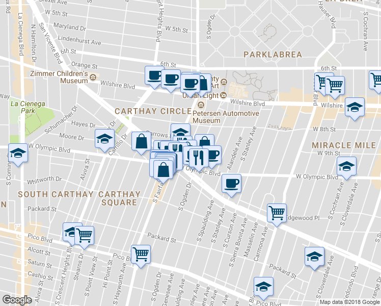 map of restaurants, bars, coffee shops, grocery stores, and more near 920 South Orange Grove Avenue in Los Angeles