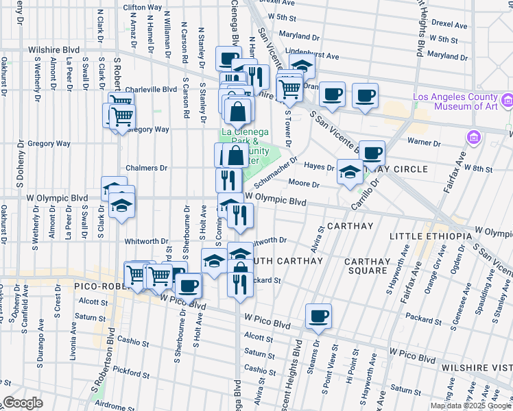 map of restaurants, bars, coffee shops, grocery stores, and more near in Los Angeles