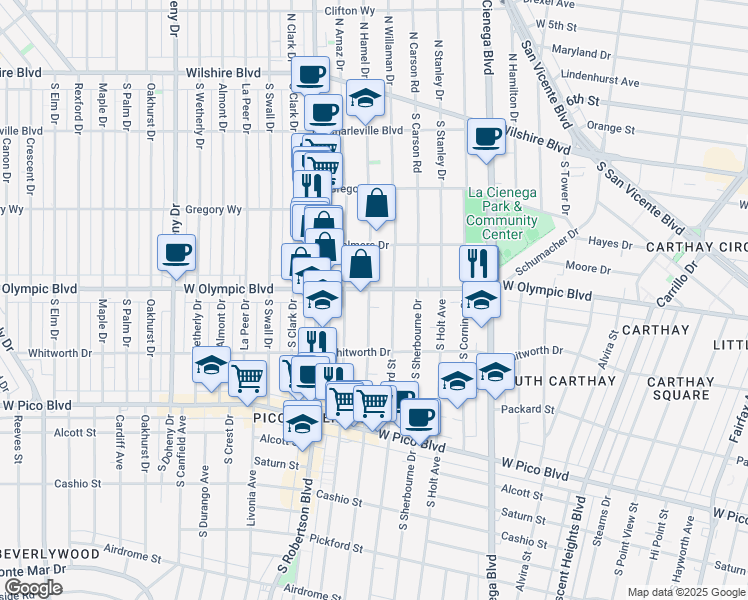 map of restaurants, bars, coffee shops, grocery stores, and more near 1007 South Shenandoah Street in Los Angeles