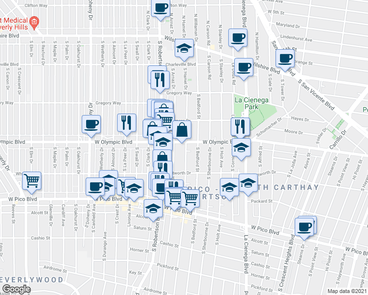 map of restaurants, bars, coffee shops, grocery stores, and more near 1007 South Shenandoah Street in Los Angeles