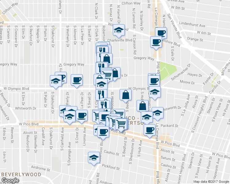 map of restaurants, bars, coffee shops, grocery stores, and more near 8720 West Olympic Boulevard in Los Angeles