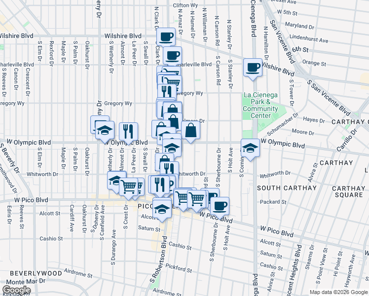 map of restaurants, bars, coffee shops, grocery stores, and more near 8764 West Olympic Boulevard in Los Angeles