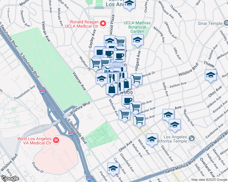 map of restaurants, bars, coffee shops, grocery stores, and more near 10911 Lindbrook Drive in Los Angeles