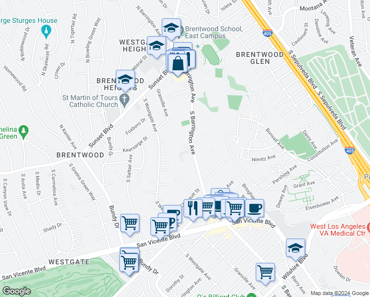 map of restaurants, bars, coffee shops, grocery stores, and more near 555 South Barrington Avenue in Los Angeles