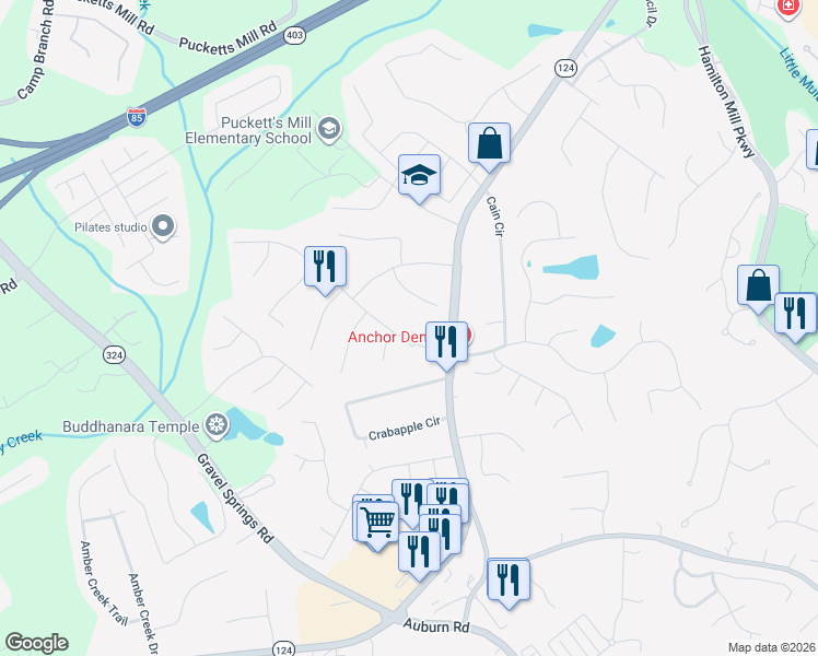 map of restaurants, bars, coffee shops, grocery stores, and more near 2195 Ashton Ridge Drive in Dacula