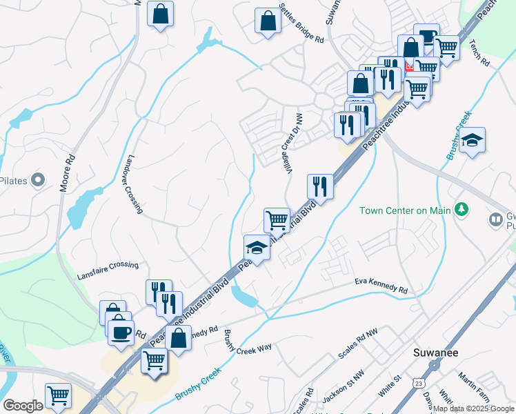 map of restaurants, bars, coffee shops, grocery stores, and more near 4319 Silver Peak Parkway in Suwanee