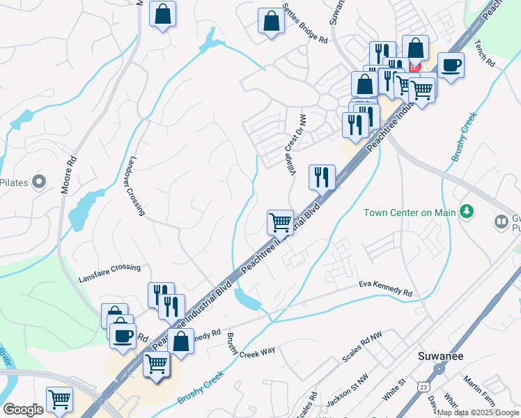 map of restaurants, bars, coffee shops, grocery stores, and more near 4319 Silver Peak Parkway in Suwanee