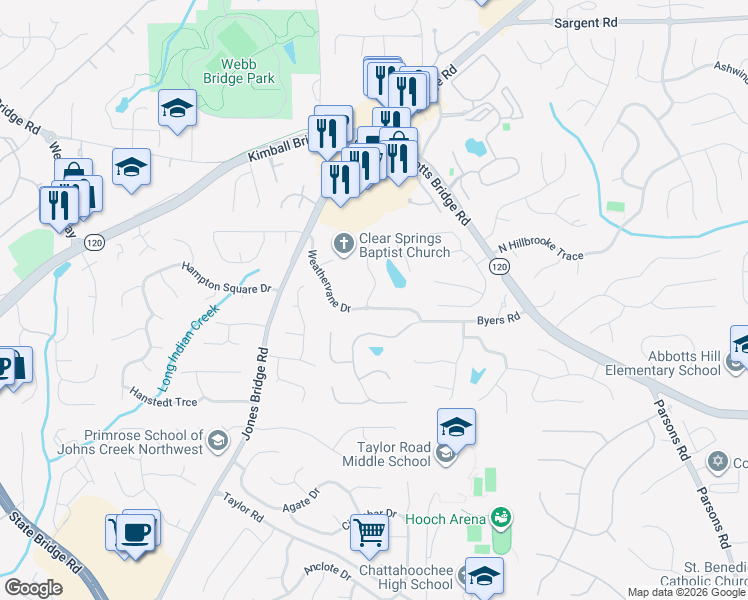 map of restaurants, bars, coffee shops, grocery stores, and more near 11405 Mabry Park Place in Johns Creek
