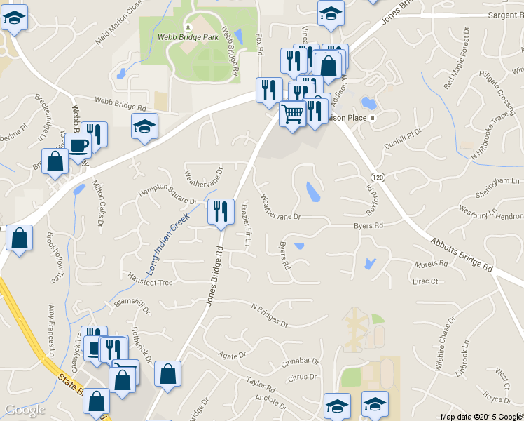 map of restaurants, bars, coffee shops, grocery stores, and more near 4951 Weathervane Drive in Alpharetta