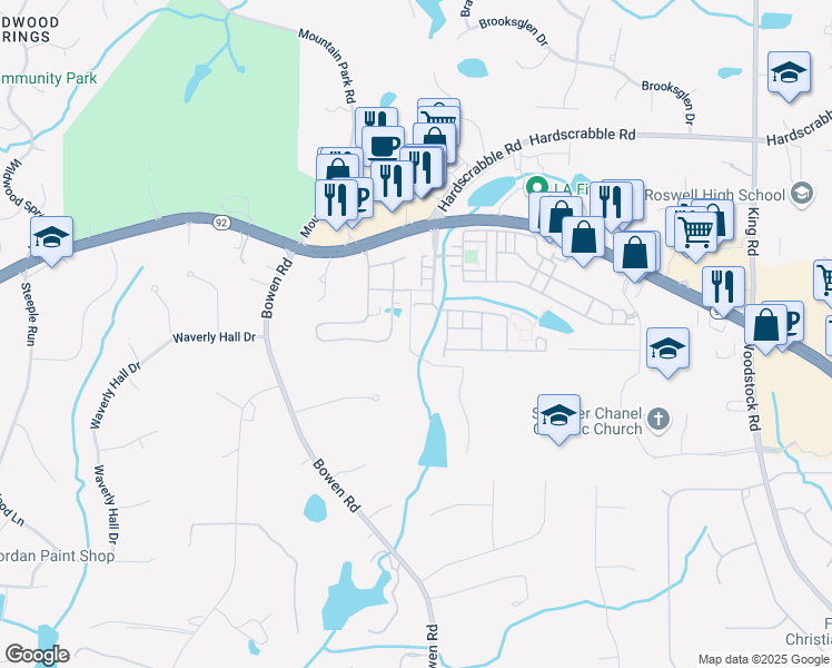 map of restaurants, bars, coffee shops, grocery stores, and more near 4901 Village Green Drive in Roswell