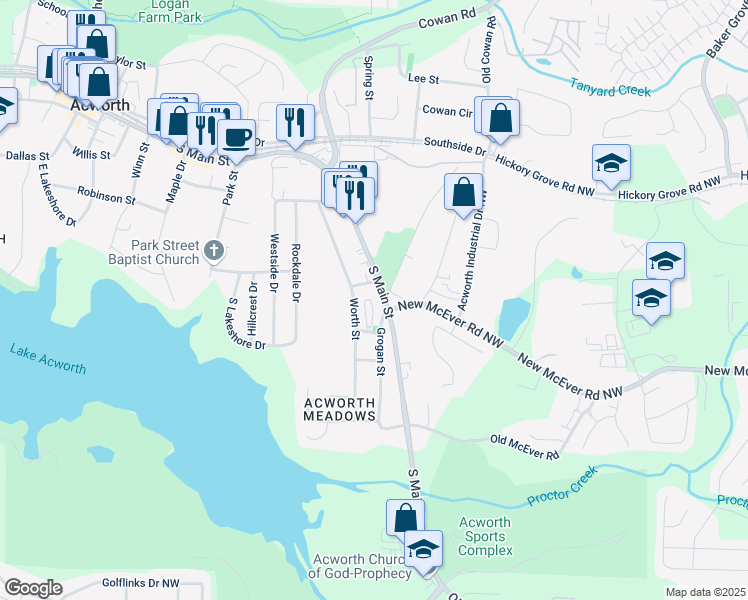 map of restaurants, bars, coffee shops, grocery stores, and more near 4288 South Main Street in Acworth